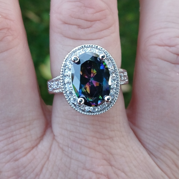 925 Sterling Silver Jewelry - New Halo Oval Mystic Topaz & CZ 925 Silver Ring.